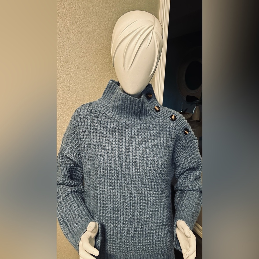 Ann Taylor Weekend Dusty Blue Mock Neck Button-Shoulder Sweater size L - Picture 3 of 11